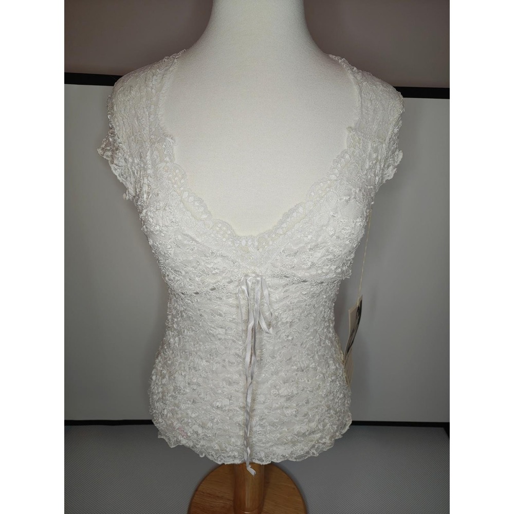 Ann Ferriday White Floral Lace V-Neck Cap Sleeve Ribbon Tie Top NWT
